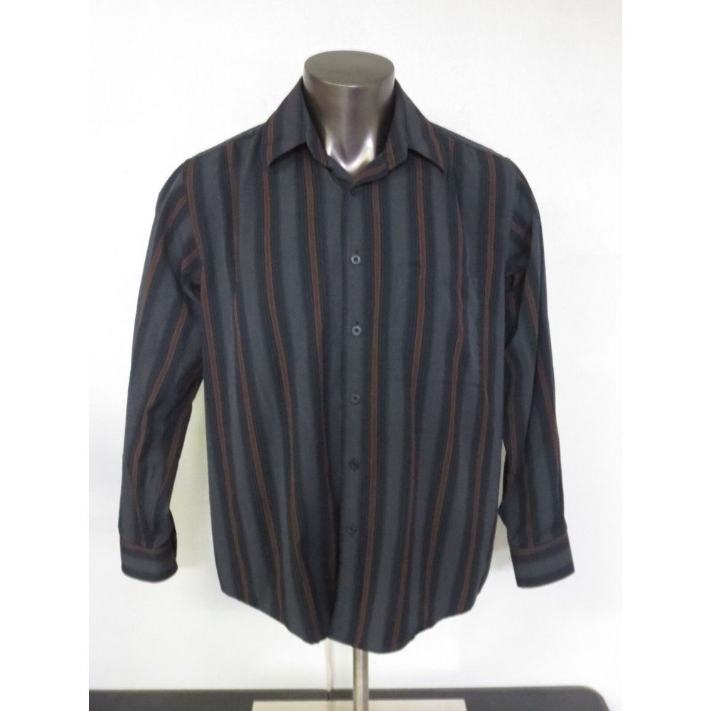 ALBA Black Brown Striped Dress Shirt size Large L Italy Cotton Button Front Mens